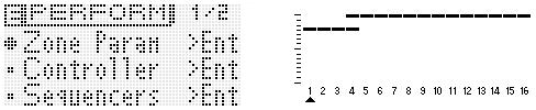 Gebruiken van de optreden modus 3. Druk op 7 EDIT. Hierdoor wordt het bovenste scherm getoond van de optredenbewerkingslijst. Zone 1-4 aan/uit en toetsenbordbereik instellingen 4.