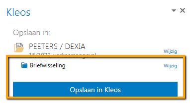 Het Kleos voor Outlook -paneel toont een bevestiging...... en u kunt aanvullende stappen uitvoeren (taak toevoegen.