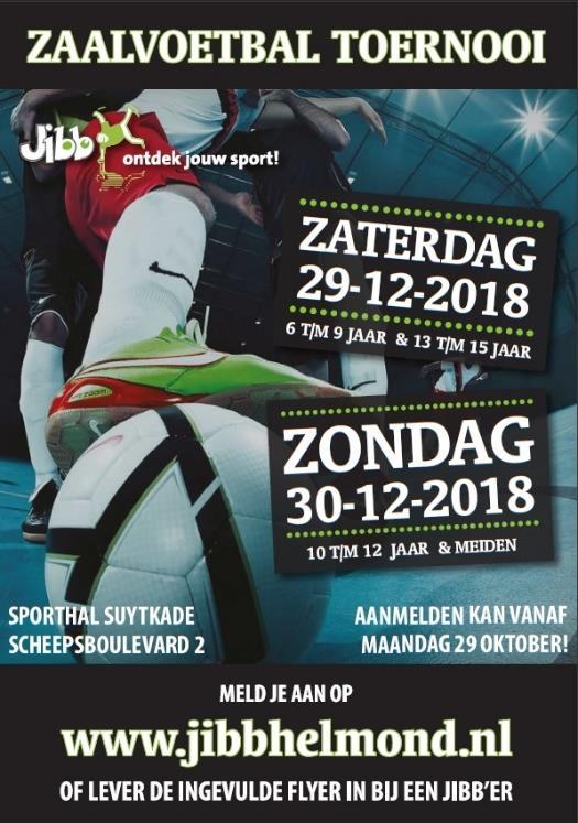 Zaalvoetbaltoernooi In de kerstvakantie staat het zaalvoetbaltoernooi weer op de planning! Doen jullie ook mee?! Er wordt 5x5 gespeeld op 4 velden (dispensatiespelers zijn dit jaar niet toegestaan!).