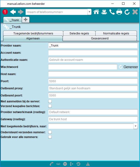 2.1.1 Overzicht van trunks Locatie: Start Beheer Server instellingen en Trunks Tabblad: Trunks In de standaard configuratie is een lege Trunk aangemaakt met de naam _Trunk.