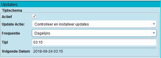2.21.1 De update tijd instellen voor CentOS updates Onder het tijdschema kan ingesteld worden of en wanneer er moet gecontroleerd op updates en wat er moet gebeuren bij het controleren.