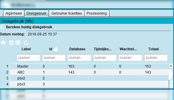 2.22.8 Diskgebruik Per tenant kan het beslag op de harde schijf worden getoond. Ga naar Start -> Beheer ->MultiTenant ->Diskgebruik.