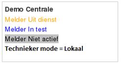 test (blauw) - Melder niet actief (grijs) - Technieker mode Als u klikt op melder uit dienst, melder in test of melder niet actief krijgt u een overzicht van alle betrokken melders. f.