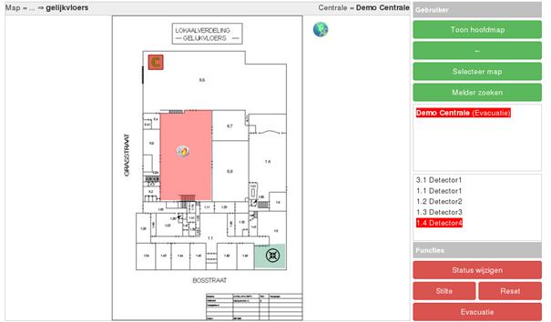 Eenmaal de detailmap bereikt is, ziet u een knipperend vlamsymbool op de melder in alarm. Rechts in het kader ziet u eveneens welke melder in alarm staat.