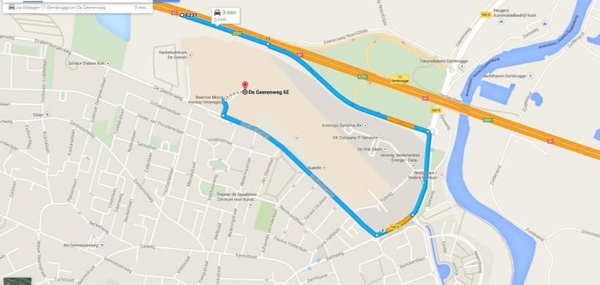 Routebeschrijving : Vanaf afrit 11 Baarn - Eembrugge onderaan de afrit rechts. Rotonde rechts (De Geerenweg op). Na ca. 300 meter rechts ligt het hoofdparkeerterrein van "Sportpark Ter Eem.