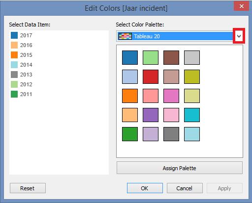 3. Kies de gewenste kleurencombinatie. Dit kunt u doen door onder select data item een (in dit voorbeeld) jaartal aan te klikken en vervolgens een kleur aan te klikken.