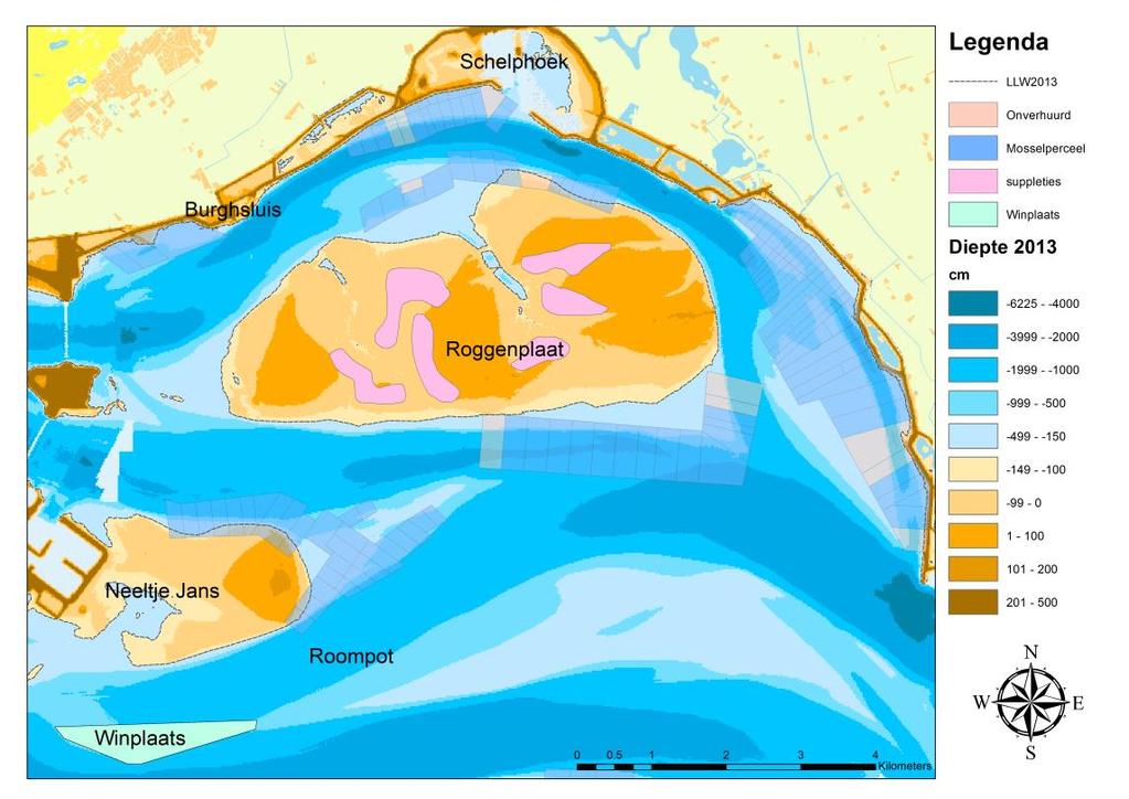 2 van 8 Figuur 1: Overzicht van de suppleties op de Roggenplaat (roze). De winplaats bevindt zich in de Roompotgeul, ten zuiden van Neeltje Jans. De ligging van de mosselpercelen is ook weergegeven.
