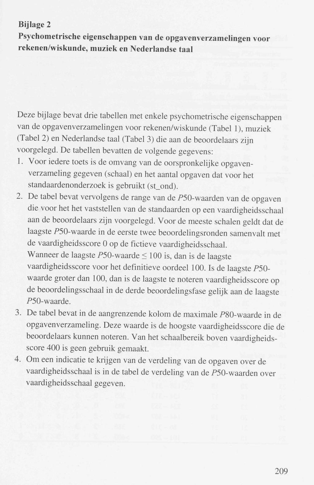 Bijlage 2 Psychmetrische eigenschappen van de pgavenverzamelingen vr rekenen/wiskunde, muziek en Nederlandse taal Deze bijlage bevat drie tabellen met enkele psychmetrische eigenschappen van de