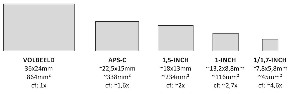 - Aantal pixels: hoe meer pixels hoe meer detail - Fysieke grote / Cropfactor Middenformaat : groter dan 36 x 24 mm Beeldsensor Full Frame = 36 x 24 De