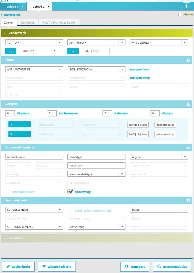 2.2. TUI Fly Enkel heen Stap 1 : vul de zoekcriteria in TUI - TUI Fly 20/03/17 in 1 dag Antwerpen Barcelona 2 volwassenen Transportcriteria : Sequentie