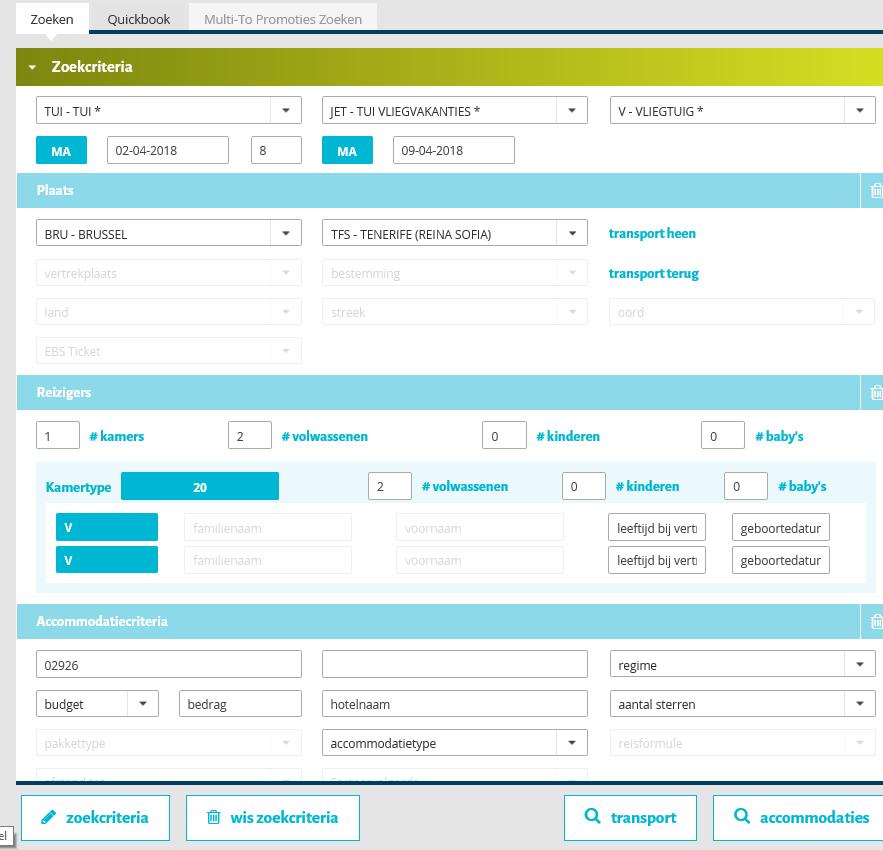 3.2. Tui Vliegvakanties: 1 hotel in 2 brochures Voorstel 1: Stap 1: gekende zoekcriteria invullen: TUI TUI vliegvakanties 02 april 2018 in 8 dagen 2 volwassenen