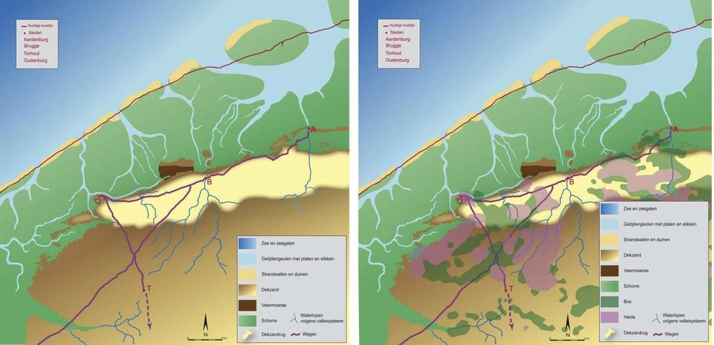 Het landschap tijdens de vroege en volle middeleeuwen Figuur 9: Reconstructie van het landschap in de 8 e -9 e eeuw (links) ende spreiding van bos en heide net voor de grote middeleeuwse ontginningen