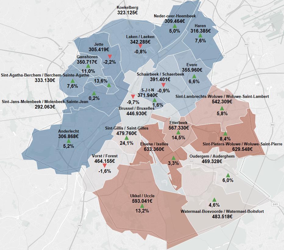 27 GEMIDDELDE PRIJZEN VAN WOONHUIZEN PER GE MEENTE Onderstaande kaart toont enerzijds de gemiddelde prijs van woonhuizen in 2018 voor elke Brusselse gemeente en anderzijds de evolutie van deze