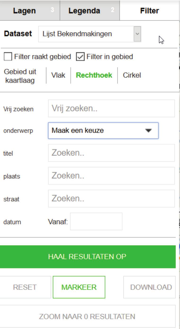 6. Zoeken op kenmerken Vink aan indien binnen een gebied wordt gezocht. Raakt: objecten mogen op rand liggen.