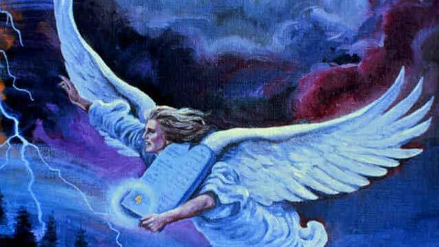 Engel met het eeuwig evangelie Deze engel heeft een heilzame boodschap aan alle mensen die op aarde wonen. Wonen betekent hier: vast verbonden met de aarde, zich overgeven aan het aardse leven.