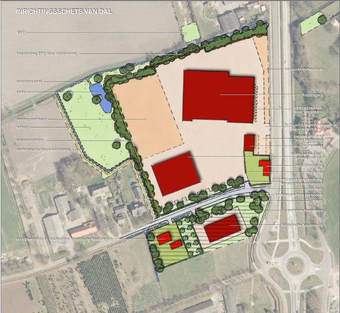 Ontsluiting auto + vracht Houthandel van Dal Ontsluiting vracht + auto Uitbreiding houthandel van Dal Bestaande bedrijfswoning b en bijgebouwen Agrarische bedrijfslocatie Nieuwe bedrijfswoning +