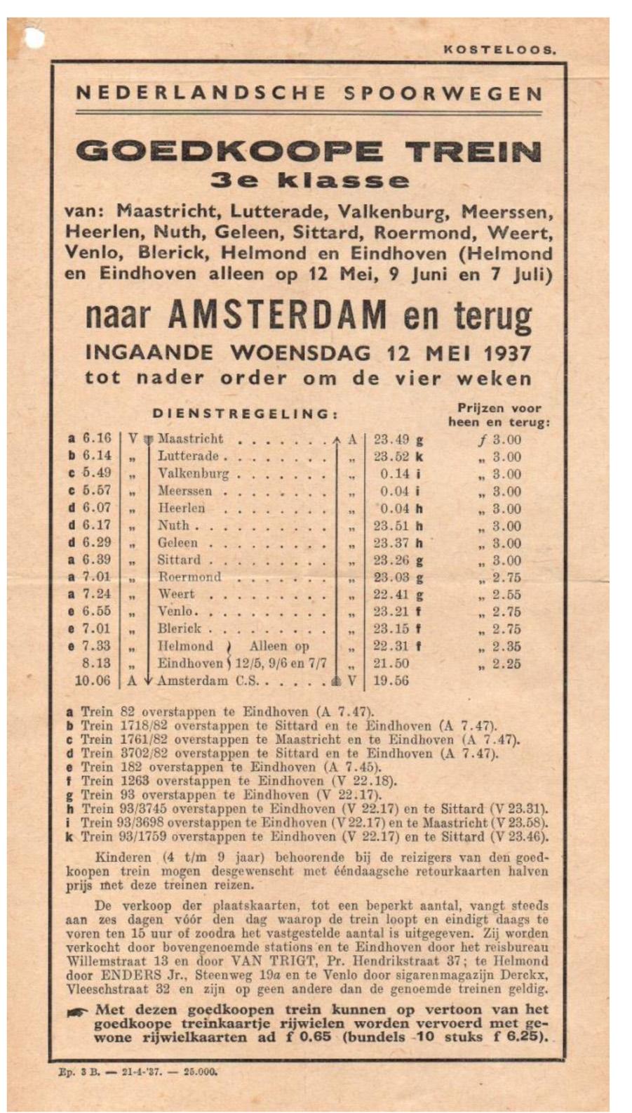 NS folder ( kosteloos ) met de dienstregeling voor goedkoop reizen 3e klasse naar Amsterdam en terug ingaande 12 mei 1932 Situatie schets van het emplacement en