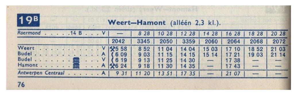 In de dienstregeling ingaande 15 mei 1949 zien we de lijn Weert Hamont en Hamont Weert (alléén 2e-3e kl.