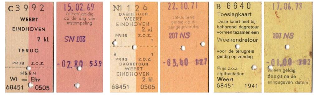 Treinkaartjes voor en achterzijde uit de jaren 15.02.1969, 22.10.1971 en 17.06.1978. Weert Eindhoven dagretour fl.2,80 Weert Eindhoven dagretour fl.3,40 Weert toeslagkaart fl.