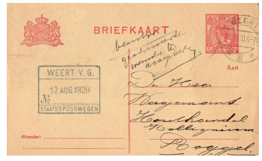 Reguliere briefkaart verstuurd vanaf het station van Weert van 12 augustus 1920 naar de heer Wagenmans te Roggel. De combinatie briefkaart met het Staatsspoor bagagestempel van WEERT V.G. 12 AUG.