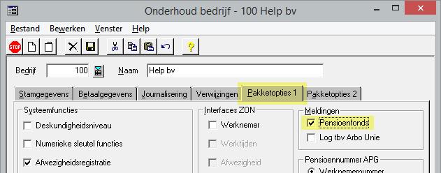 Dit doet u in Onderhoud bedrijf tab Pakketopties 1 kader Meldingen het vinkje Pensioenfonds uit te zetten. Let op!