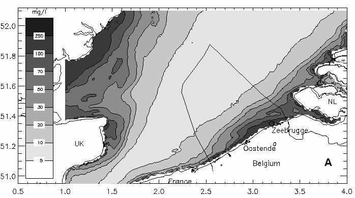 431 432 433 434 435 436 437 438 Figure 1: (A) Yearly and depth-averaged SPM concentration (mg/l) in the southern North Sea, derived