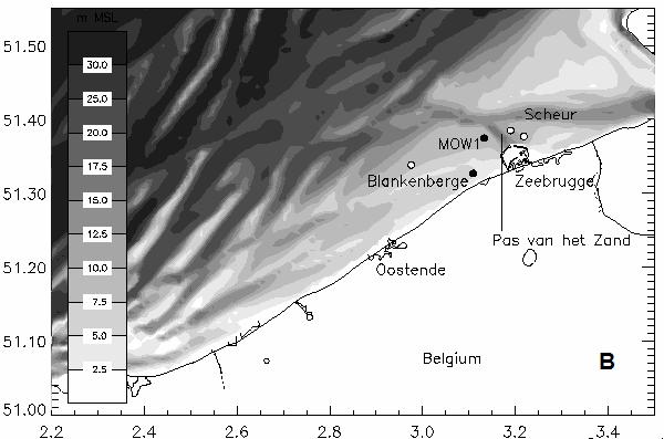 Indicated are the tripod measuring stations (black dots: MOW1, Blankenberge), the navigation channel (Pas van het Zand and Scheur) and