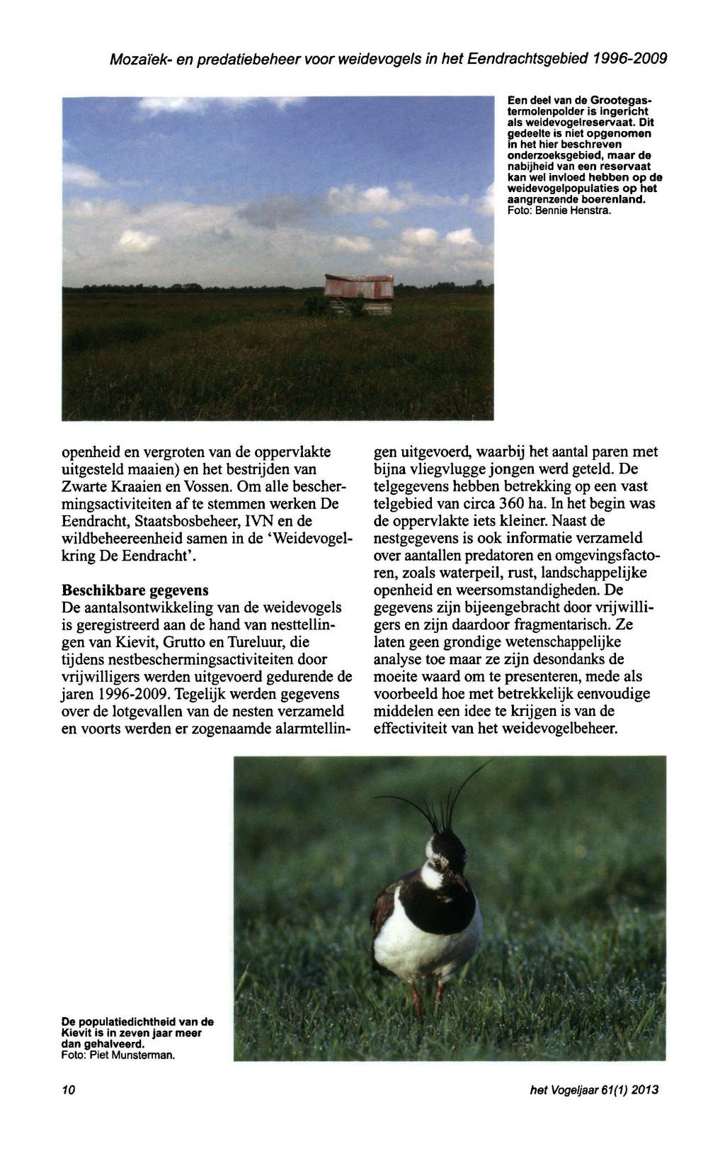 Mozaiek en predatiebeheer voor weidevogels in het Eendrachtsgebied 19962009 Een deel van de Grootegastermolenpolder is ingericht als weidevogelreservaat.