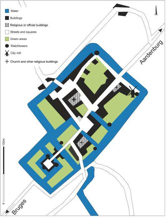 1 3 2 Fig. 4 : Het plan van Middelburg op basis van de kaart van Jacob Van Deventer (1550) en de archeologische opgravingen (M.