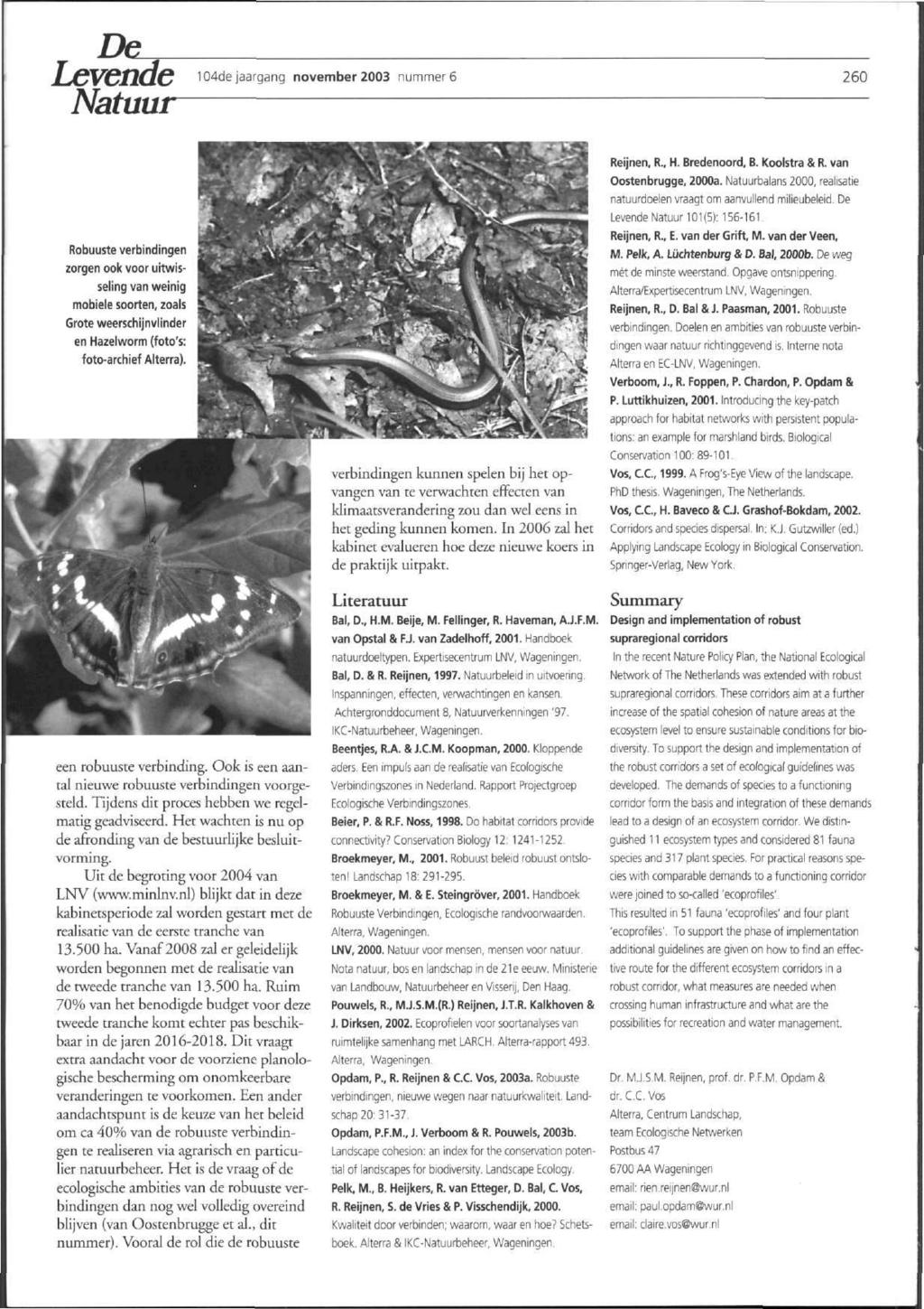 Natuur 104de jaargang november 2003 nummer 6 260 Robuuste verbindingen zorgen ook voor uitwisseling van weinig mobiele soorten, zoals Grote vi/eerschijn vlinder en Hazelworm (foto's: foto-archief
