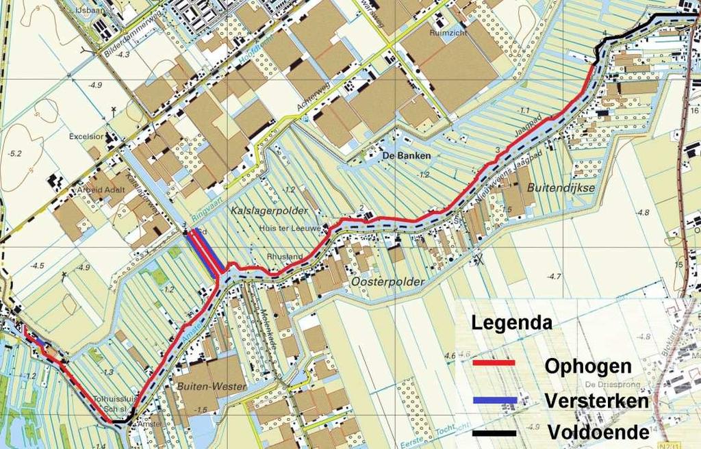 Uit de toetsing blijkt dat ongeveer één kilometer van de dijk voldoet aan de daaraan gestelde veiligheidseisen. Dit zijn de stukken tussen Vrouwenakker en Jan Ploegersluis en bij de Tolhuis sluis.