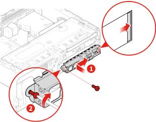 Figuur 104. De voorste I/O-beugel installeren 5. Sluit de kabels van de aan/uit-knop en de kaartlezer aan op de systeemplaat. 6. Voer de vervanging uit.