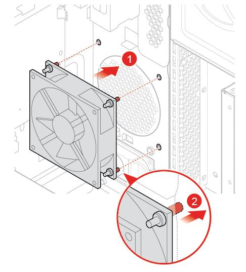 Figuur 30. De ventilator aan de voorzijde installeren 7. Sluit de kabel van de nieuwe ventilator voor aan op de systeemplaat. 8. Plaats de verwijderde onderdelen terug.