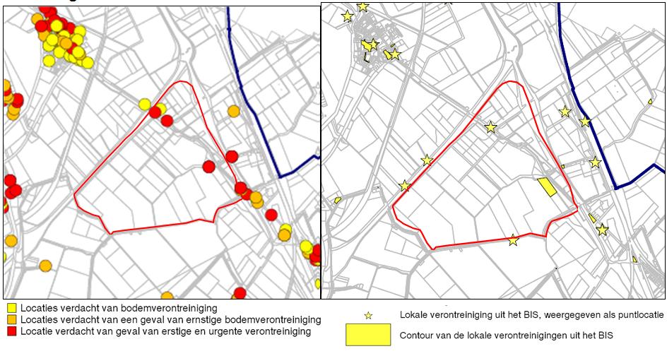 afbeelding 4.3. Uitsneden uit bodemkwaliteitskaart Bij de Steenweg/Moerdijkse weg liggen locaties verdacht worden van (een geval van ernstige en/of urgente) bodemverontreiniging.