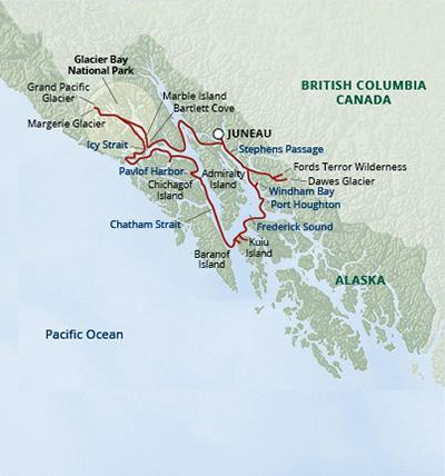 Glacier Bay Small Ship Cruise 2018 Juneau / Juneau 8 dagen / 7 nachten Dag 1 Inschepen in Juneau, Alaska Inschepen aan boor het schip waarbij de kapitein richting Icy Strait vaart.