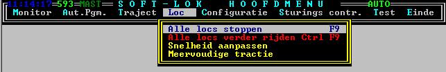 1.1.4 Locs Met dit menupunt is snelheid van de treinen te beïnvloeden. 1.1.4.1 Alle locs stoppen D.m.v. activeren van dit menupunt of direct met F9 wordt het volgende uitgevoerd: Alle locs die op modelbaan rijden (rijsnelheid >0) worden direct gestopt.