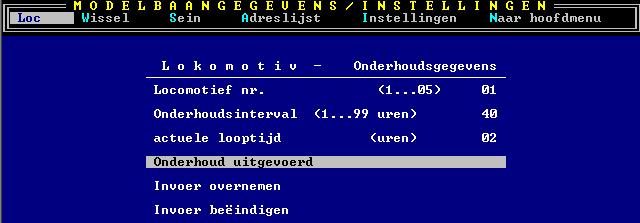 1.2.1.13 onderhoudsgegevens Voor alle locs is een individueel onderhoudsinterval in te voeren Als u voor een loc een onderhoudsinterval (1 99 uren) invoert, worden alle looptijden voor deze loc