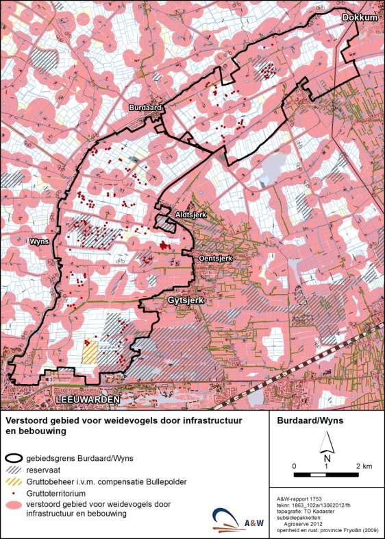 12 A&W-rapport 1753 Naar vitale weidevogellandschappen in Fryslân Figuur 3-2 Openheid en rust in het weidevogellandschap Burdaard/Wyns in relatie tot de ligging van de