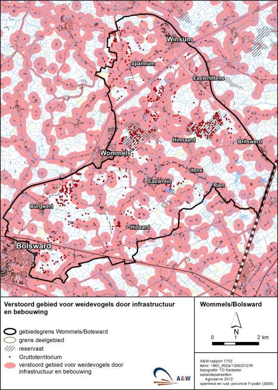 26 A&W-rapport 1753 Naar vitale weidevogellandschappen in Fryslân Figuur 4-2 Openheid en rust in het weidevogellandschap Wommels/Bolsward in relatie tot ligging van