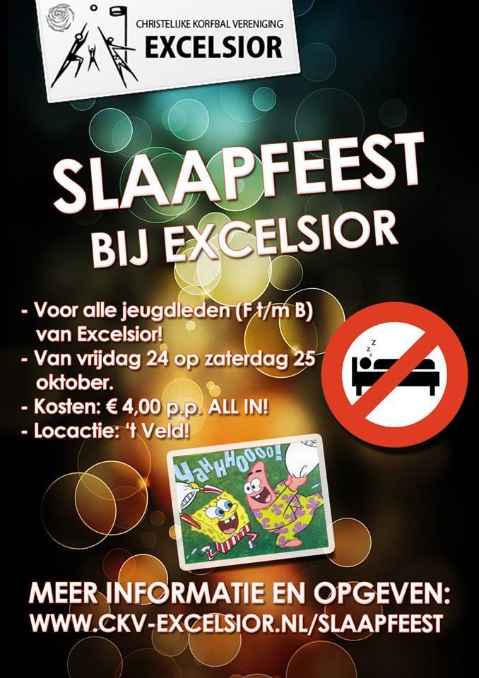 Slaapfeest voor jeugdleden Excelsior! Speciaal voor jeugdleden van Excelsior (F t/m B teams) wordt er van vrijdag 24 op zaterdag 25 oktober een slaapfeest georganiseerd! Cool hè?