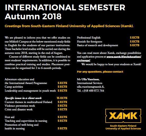 3. XAMK South Eastern Finland University of Applied Sciences Mikkeli Maximum 5 studenten https://www.xamk.