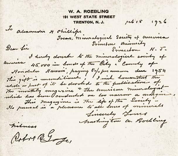 De schenkingsbrief van W.A. Roebling (1926) vice-president van de MSA in 1924, en een puissant rijke mineraalverzamelaar. Hij had in zijn tijd de beste collectie ter wereld, 16.