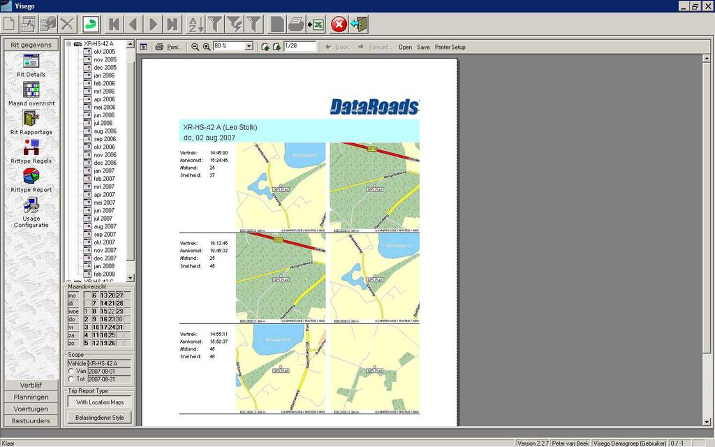 1.4. Fiscaal rapport Deze functie heeft twee weergave mogelijkheden. De eerste weergave is 'Trip report type/with location maps'.