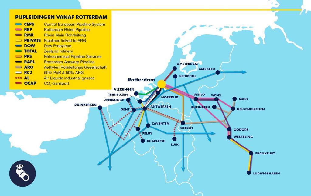 NAAR EEN GROENE WATERSTOFECONOMIE IN ZUID-HOLLAND Figuur 17: Pijpleidingen vanaf Rotterdam voor transport van olie, olieproducten en gassen (AT Osborne, September 2018) Van het havengebied lopen nu