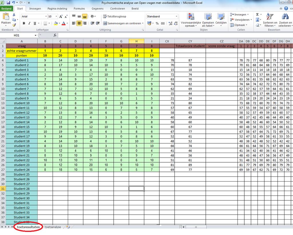 (2) Vervolgens wordt voor iedere kolom de maximaal te behalen score per vraag (norm) genoteerd. (3) Daarna geef je de behaalde score van iedere student op elke vraag in.