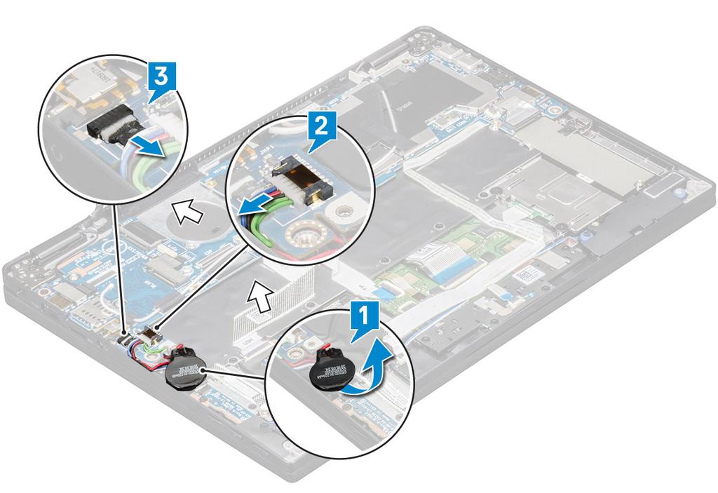 5 Haal de kabels los: a Draai de knoopbatterij om, zodat de luidsprekerkabel zichtbaar wordt [1]. b Maak de luidsprekerkabel los van de systeemkaart [2].