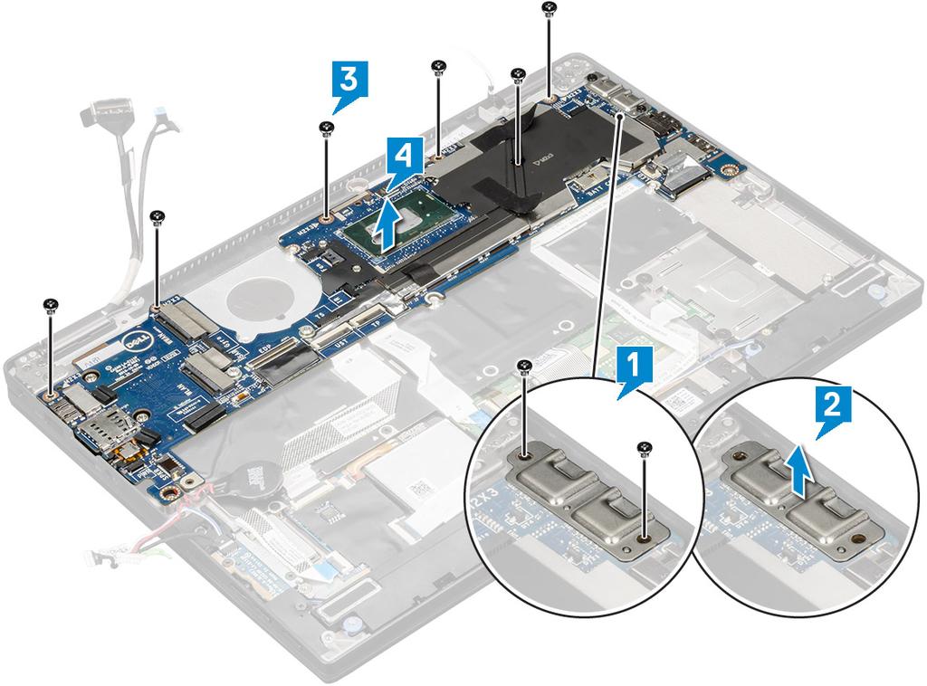 7 Verwijder het moederbord als volgt: a Verwijder de 2 schroeven (M 1.98 x 4) waarmee de USB Type-C-beugel vastzit [1]. b Til de USB Type-C-beugel uit de Type-C-module [2].