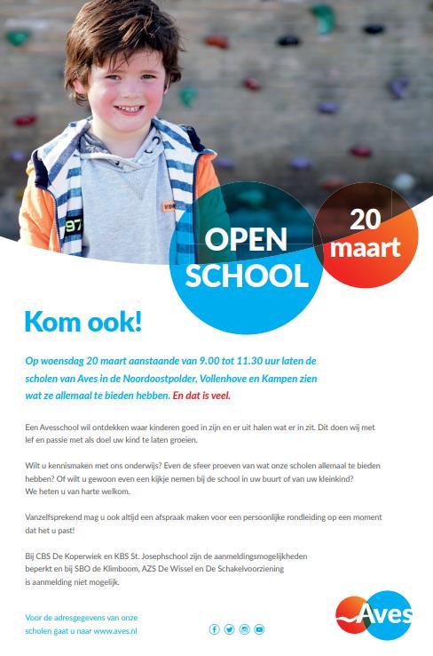 Open dag 20 maart Op woensdag 20 maart is de jaarlijkse open dag voor nieuwe ouders bij alle AVES scholen.