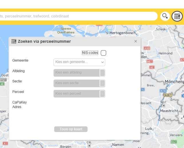 Opzoeken van een kadastraal perceel Het is mogelijk om het nummer van een perceel hier op te bouwen wanneer volgende gegevens gekend zijn: - Gemeente waar het perceel ligt - Afdeling - Sectie -