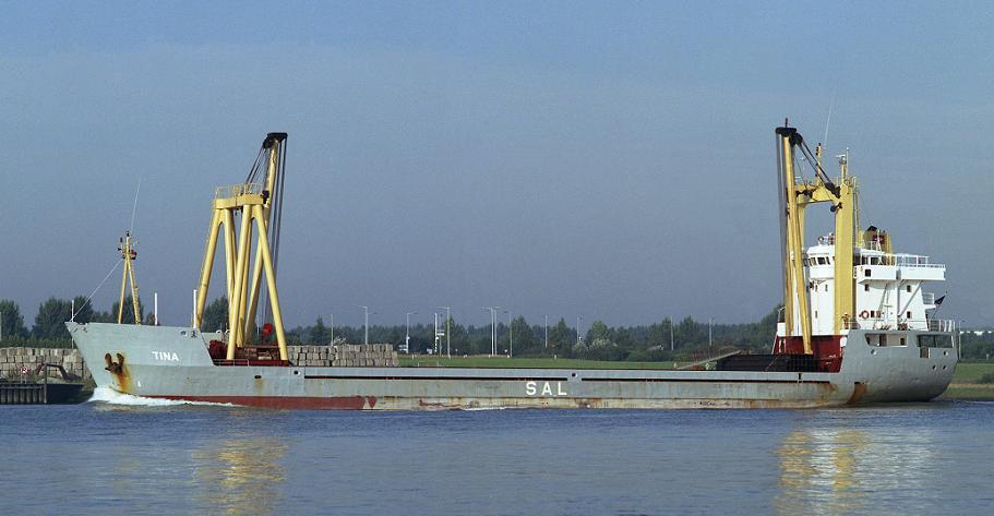 TINA, ex ELDIR, foto: T. v.d. Zee, 14-8-1993, passage Maassluis GERA 8815293 (NB-202), 22-12-1986 kiel gelegd, 17-10-1988 te water gelaten, 11-1988 opgeleverd door J.J. Sietas K.G. Schiffswerft G.m.b.